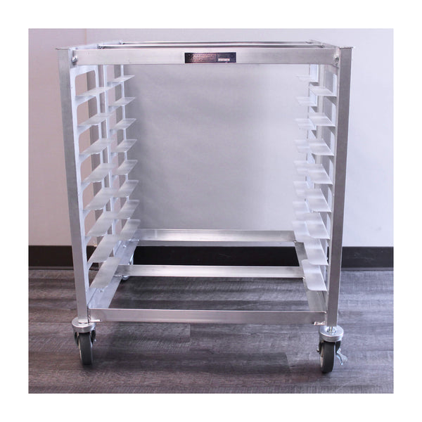 Oven pan rack made from aluminum for durability and corrosion-resistance. • Half size design • Pan Capacity: 8 • 29"W x 26L x 34"H 