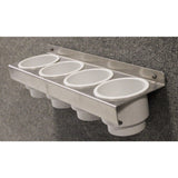 4 Can Drink Holder by Prairie View Industrires. This convenient shelf easily holds 4 drinks, keeping them safe from spilling and being lost. Sturdy aluminum construction. 17” L x 4½” W x 4¼” H